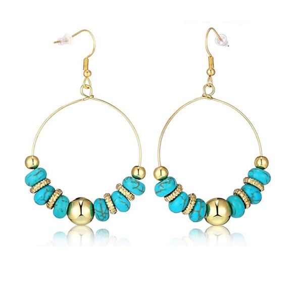 Turquoise and Gold Bead Hoop Earrings - Picture 1 of 2
